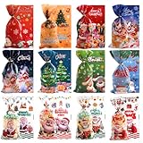 YimeBand 150 Pcs Christmas Treat Bags, Christmas Party Candy Bags with 150 Pieces Gold Twist Ties, 12 Styles Christmas Goodies Bags Gift Bags for Christmas Party Favors