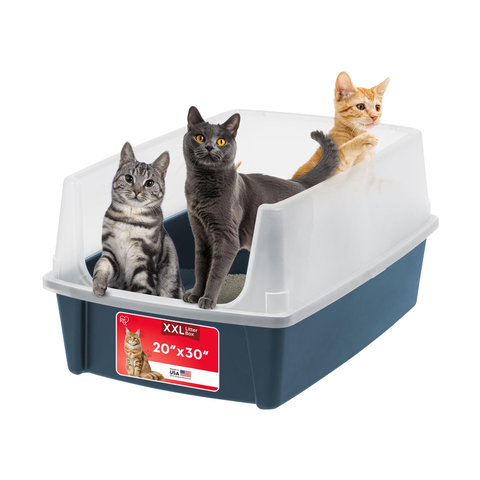 IRIS USA XX-Large Cat Litter Box, Open Top Extra Large Litter Box for Big Cats and Multi-Cat Households, High Sided Scatter Shield, Easy to Clean, 30"L x 20"W x 14"H, Navy