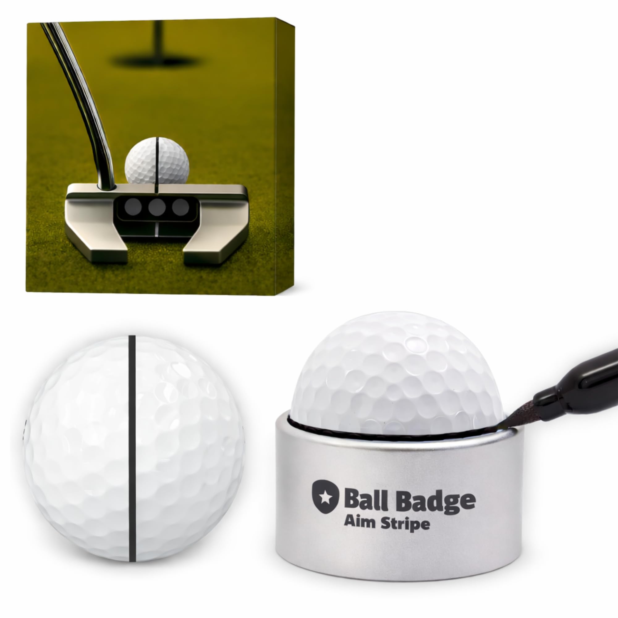 Ball Badge Aim Stripe - 360 Degree Golf Ball Line Marker Kit with Golf Bag Attachment for Perfect Alignment and Precision Putting - Includes Golf Ball Marker Stencil and Accessories