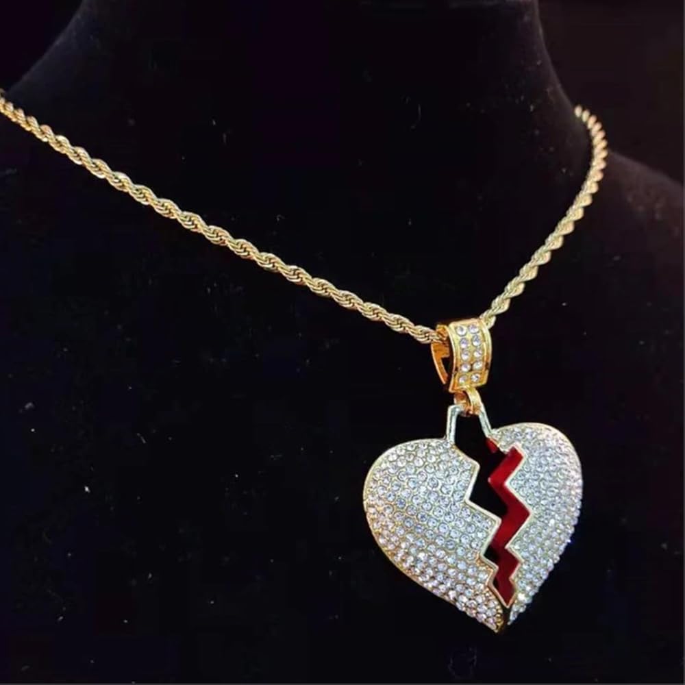 N-Made Beautifull Broken Heart Chain Iced Out Pendant, Iced