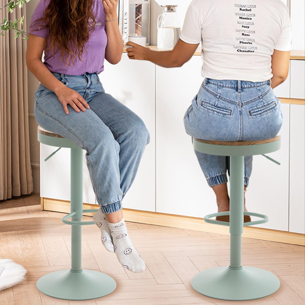 YOUNIKE Tabouret de Bar Lot de 2, Chaise de Bar à Manger en Bois Massif, Tabouret Haut Vintage, Tabouret Haut réglable pivotant, Facile à Assembler, Cuisine et Maison, Vert