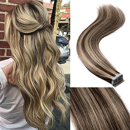22" 100g Remy Human Hair Tape in Hair Extensions Straight Hair Seamless Skin Weft Invisible Double Sided Tape Two Tone Balayage 4/27 Medium Brown Mix Dark Blonde