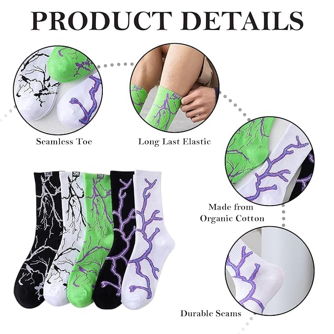 Image of Summer Unisex Fire & Flame, Electric&lighting Print Crew Socks - Soft Cotton, Breathable & Stretchable Streetwear Socks for Men & Women | Stylish Casual, Sports & Daily Use