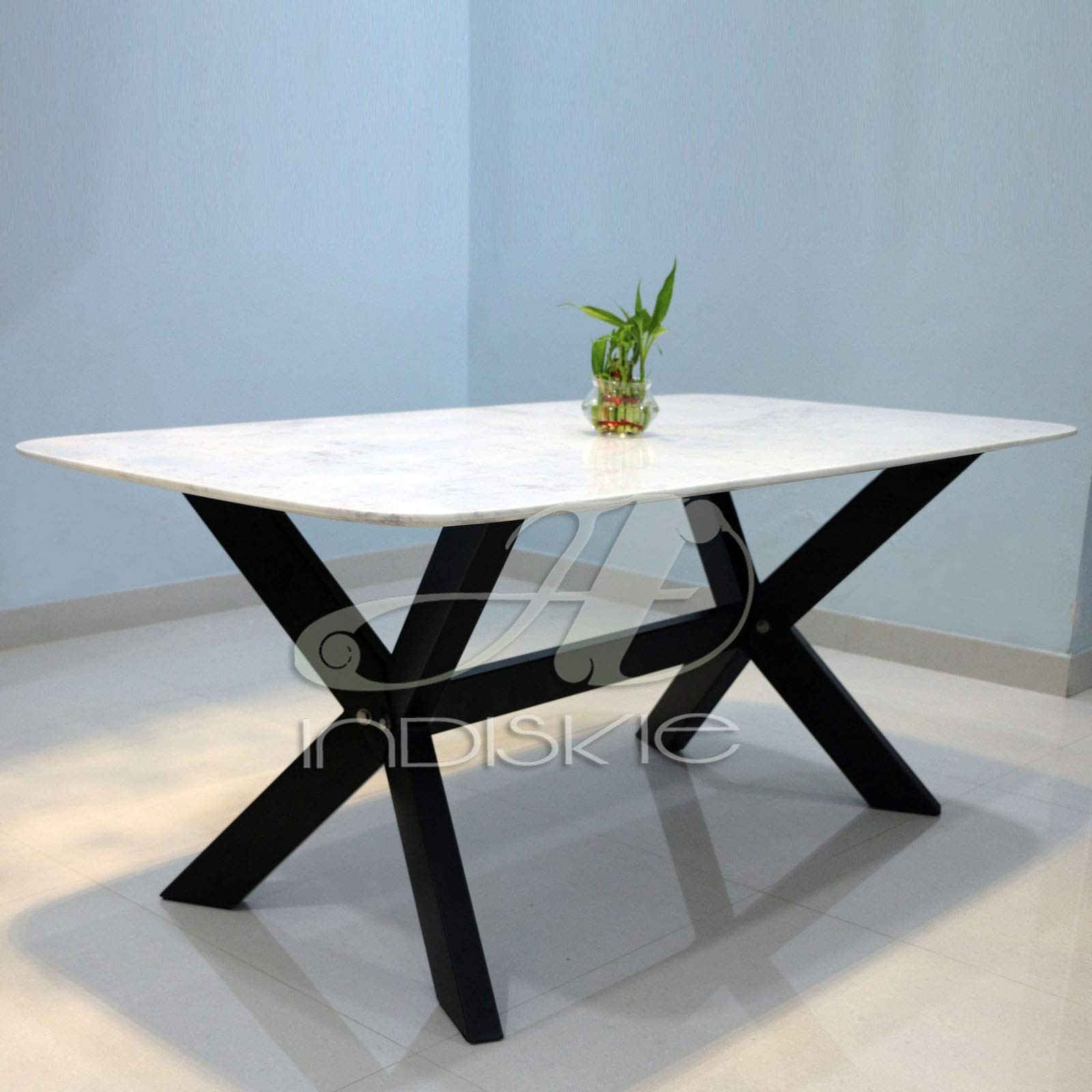 Buy INDISKIE Six Seater White Natural Marble Top Dining Table with