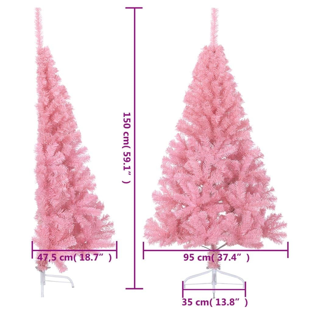 Árbol de Navidad artificial de 150 cm rosa con soporte de PVC, medio árbol de Navidad para la pared como decoración de ahorro de espacio con soporte de acero