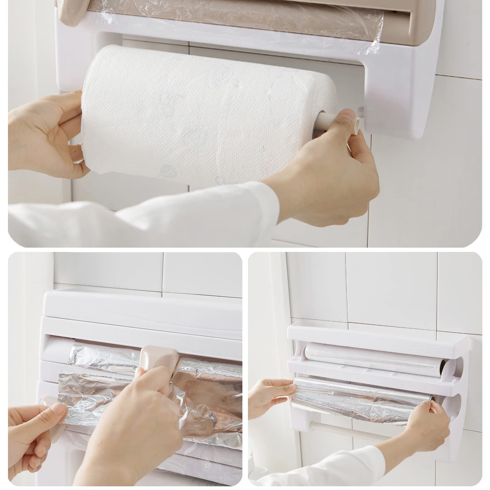 SYFUNLV Estantería de almacenamiento de film transparente, montaje en pared, sin agujeros, fácil montaje, 39 x 24 cm, para papel de aluminio y rollo de cocina, soporte para rollos de cocina extraíble