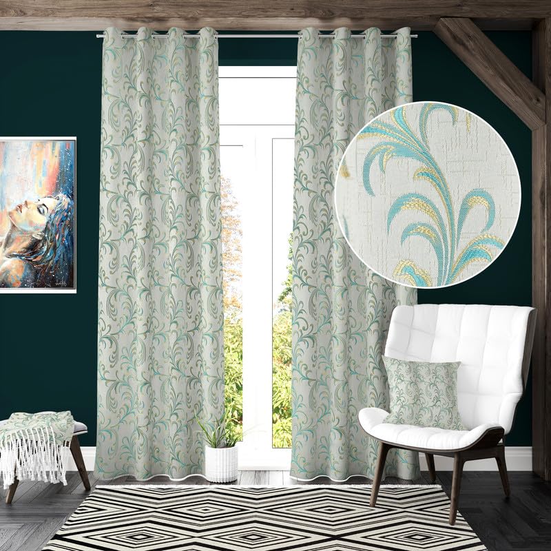 FABDRAPE Heavy Jacquard Fabric Leef Design Room Darkening Curtains for Door 8 Feet, Aqua, Pack of 2 Pieces