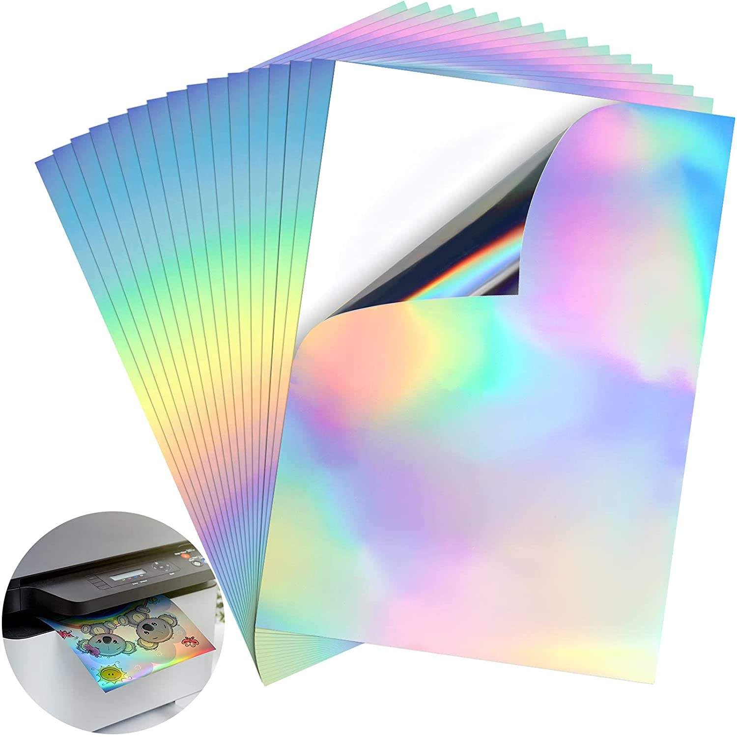 BIGFALCON® Premium Holographic Sticker Paper 20 Sheets A4 (8.5x11 Inch) – Printable Vinyl sticker paper for Inkjet Printer, Waterproof, Self Adhesive Rainbow Glossy Sticker Paper 2