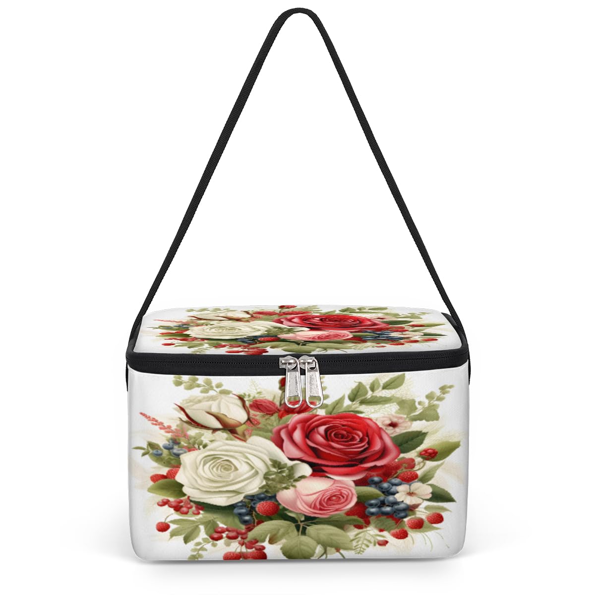 GzLeyigou Botanical Floral Lunch Bags for Women Men 9 Cans, Hot & Cold Food Delivery Bag Insulated Grocery Bag Insulated Lunch Box Roses Red White Cooler Bag for Office Work Picnic Beach