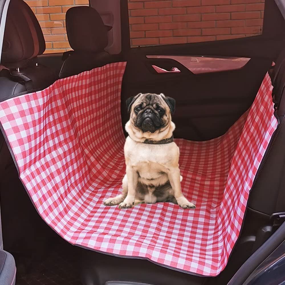 BWGHBH Dog Car Seat Covers Durable Waterproof Scratchproof Backseat Protector Nonslip Washable Pet Back Seat Cover Hammock Universal for Cars Red Lattice