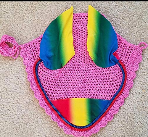 Lift Sports Rainbow Horse Fly Bonnet Ear Net Fly Veil Hood Mask Hand Made Crochet Protect Flies Cotton Stretchable Ears (Full/Horse, Pink)