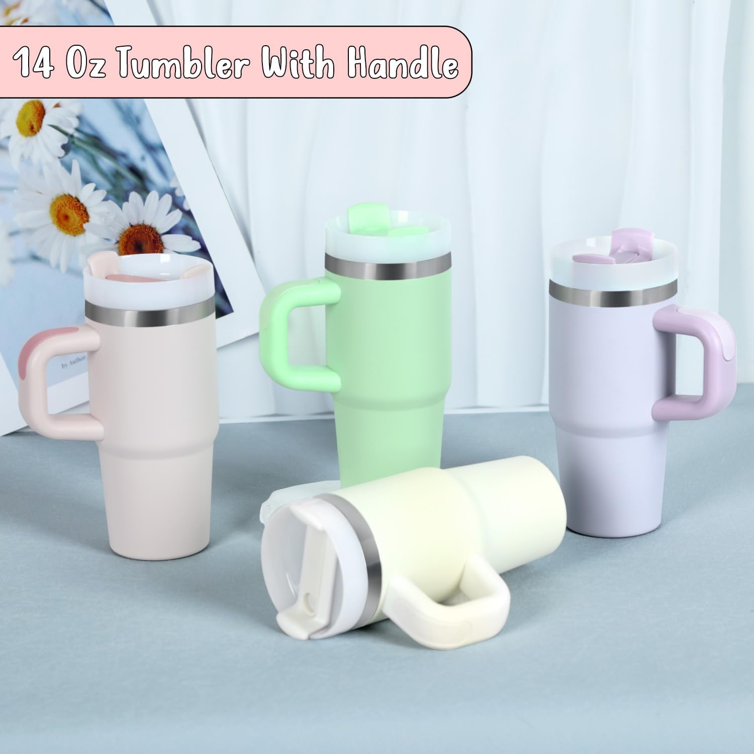 4 Pack14 Oz Tumbler with Handle and Straw for Kids, Stainless Steel Vacuum Insulated Tumbler Keep Cold Heat and Ice, Gifts for Children Cups (Cream, Purple, Rose Quartz, Light Green) - Image 3