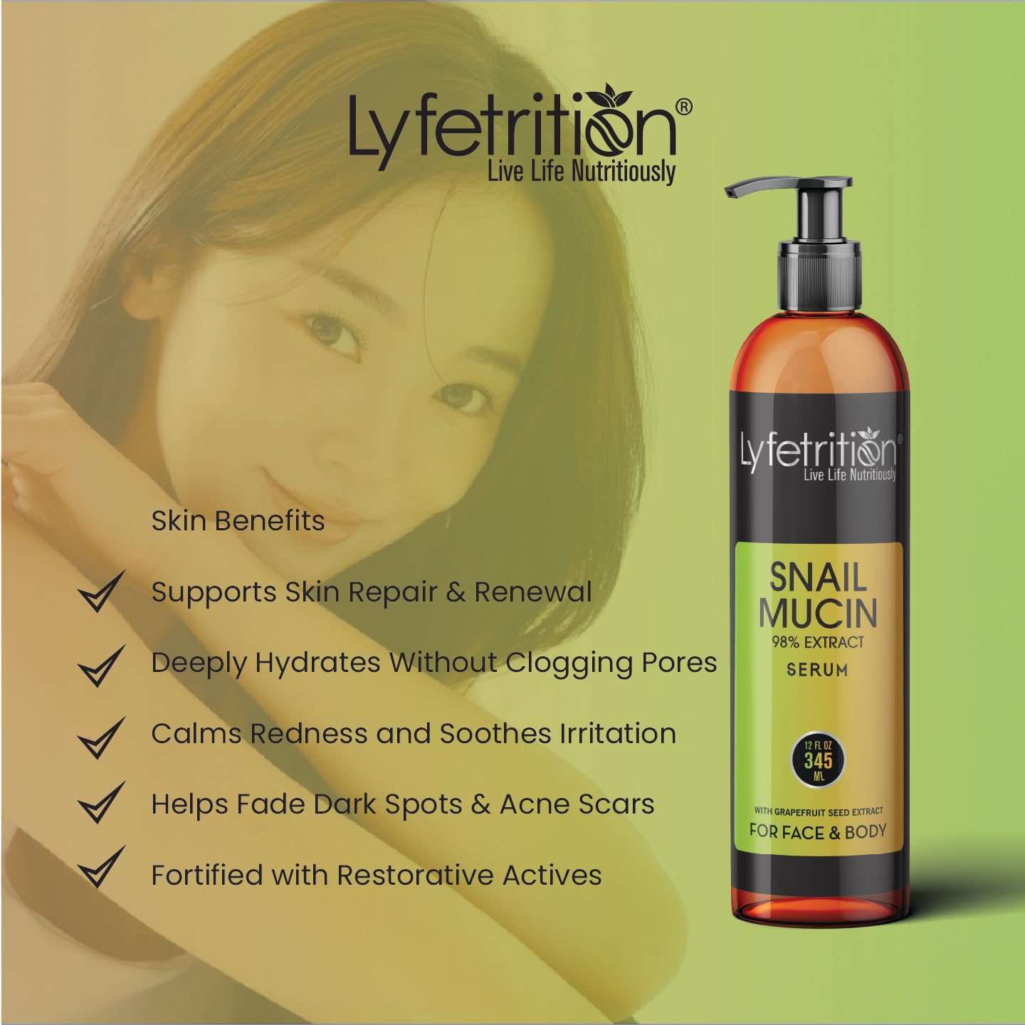 Lyfetrition Snail Mucin 98% Power Repairing Serum with Hyaluronic Acid & Aloe Vera, Skin Repair Serum, Moisturizing Serum Essence for Soothing, Reducing Fine Lines Deep Nourishing (12 Fl Oz)