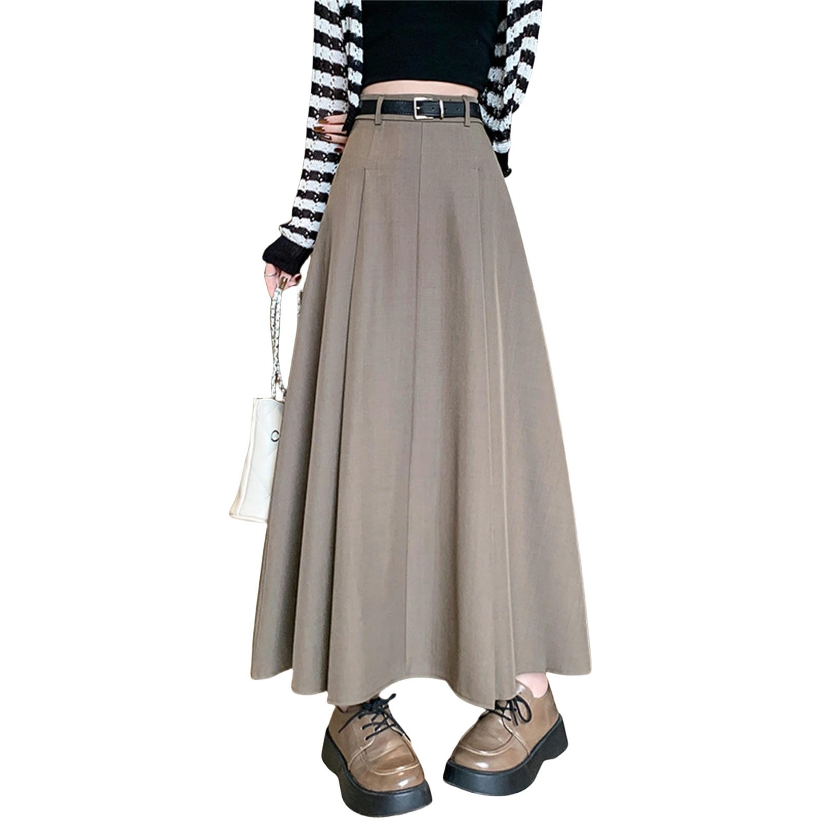 Gonna Midi Donna Gonne Autunno E Inverno da Donna, Gonne Plissettate, Gonne Ispessite, Vita Alta, Gonne Dimagranti A-Line Mid-Length-caffè-m