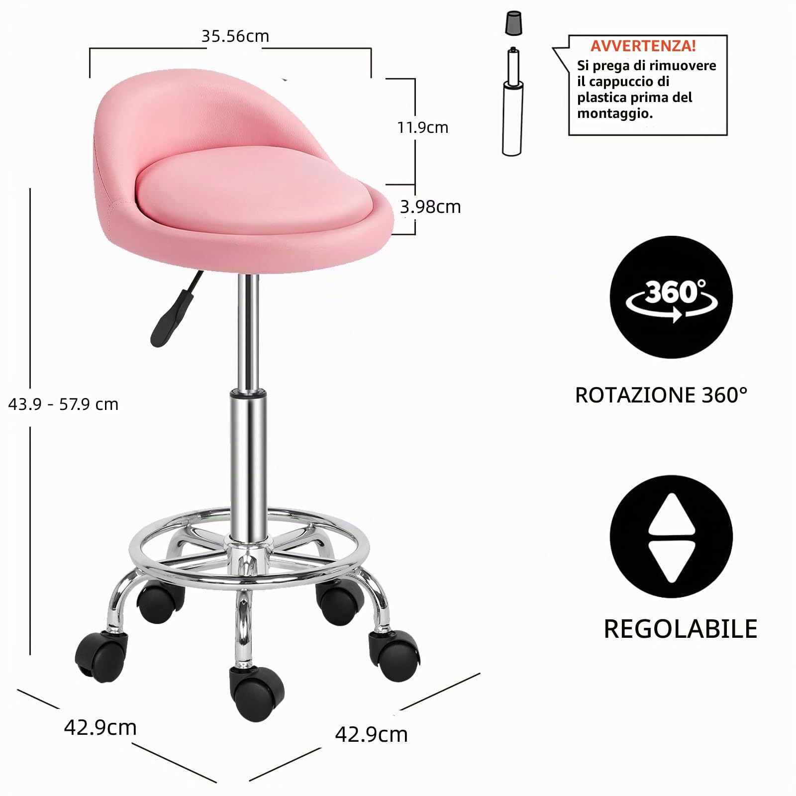 Sgabello Rotondo Schienale 360° 49-64cm Regolabile Rosa