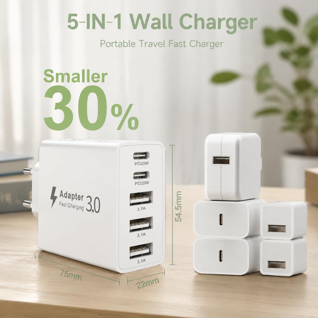 Szybka Ładowarka USB C 50W, Wieloportowy Zasilacz USB C z 5 Portami, Ładowarka Sieciowa Kostka Wtyczka USB Typ C do iPhone 17 16 15 14 13 12 11 Pro Max, Samsung Galaxy S26 S25