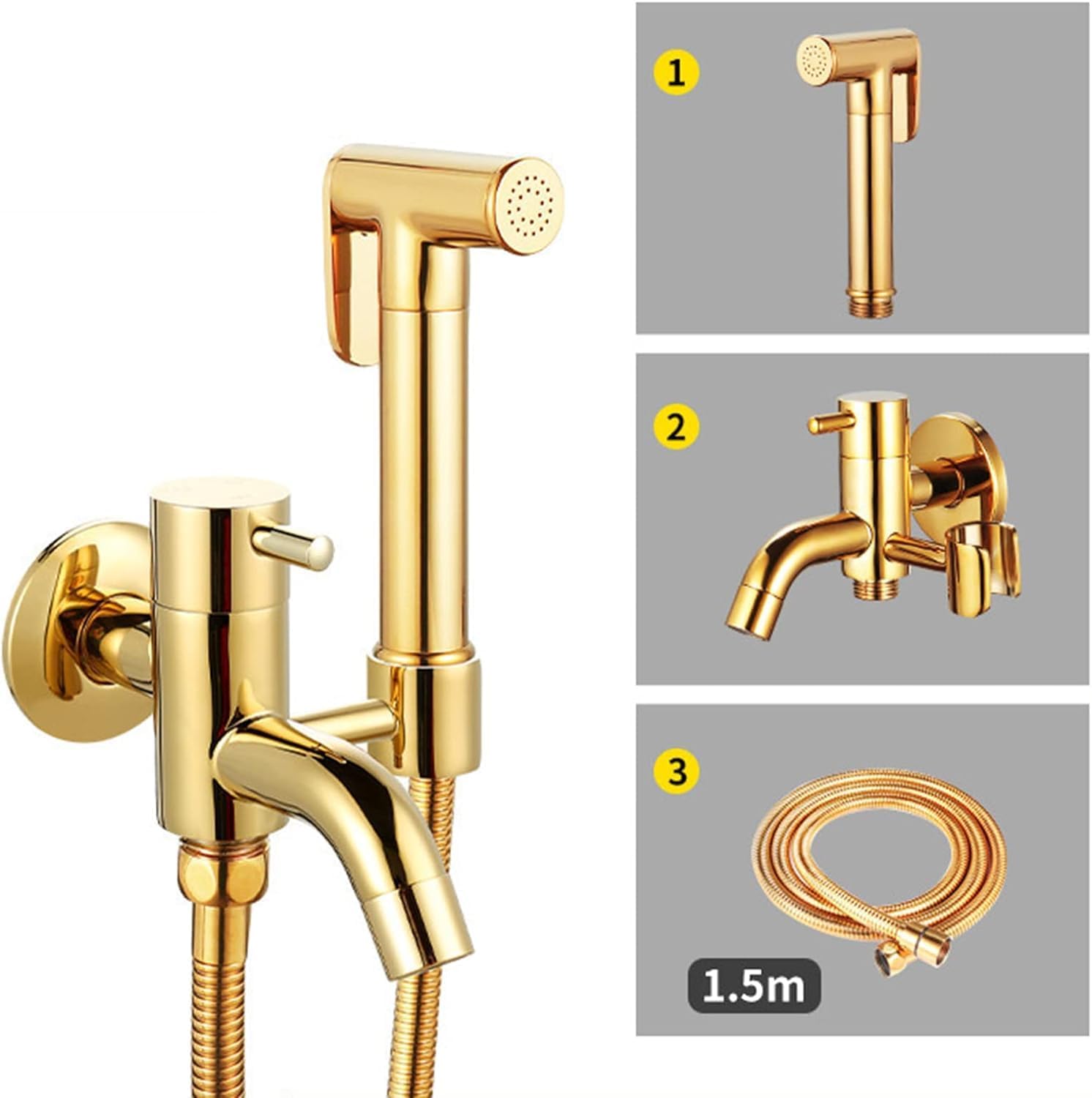 Bidet Sprayer, Complete French Toilet Shower Kit, Gold, Brass, Handheld Bidet Sprayer, Complete Toilet Hygiene Shower Kit, Toilet Shower Kit with 3-Way Valve,Doré C