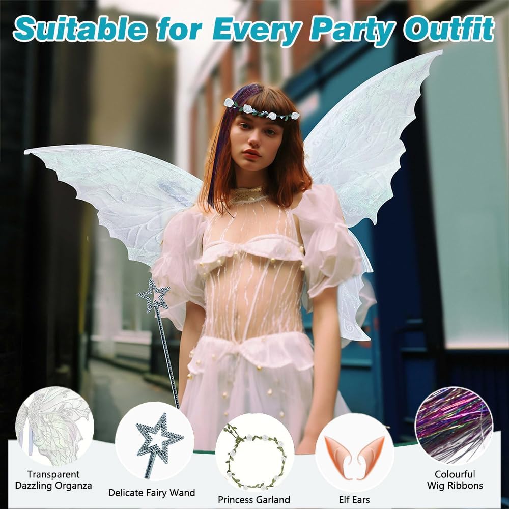 4 PCS in Set Fairy Wings, Butterfly Wings Adults, Angel Costume Accessories, Sparkling Sheer Wings with Flower Headband Black - Image 4