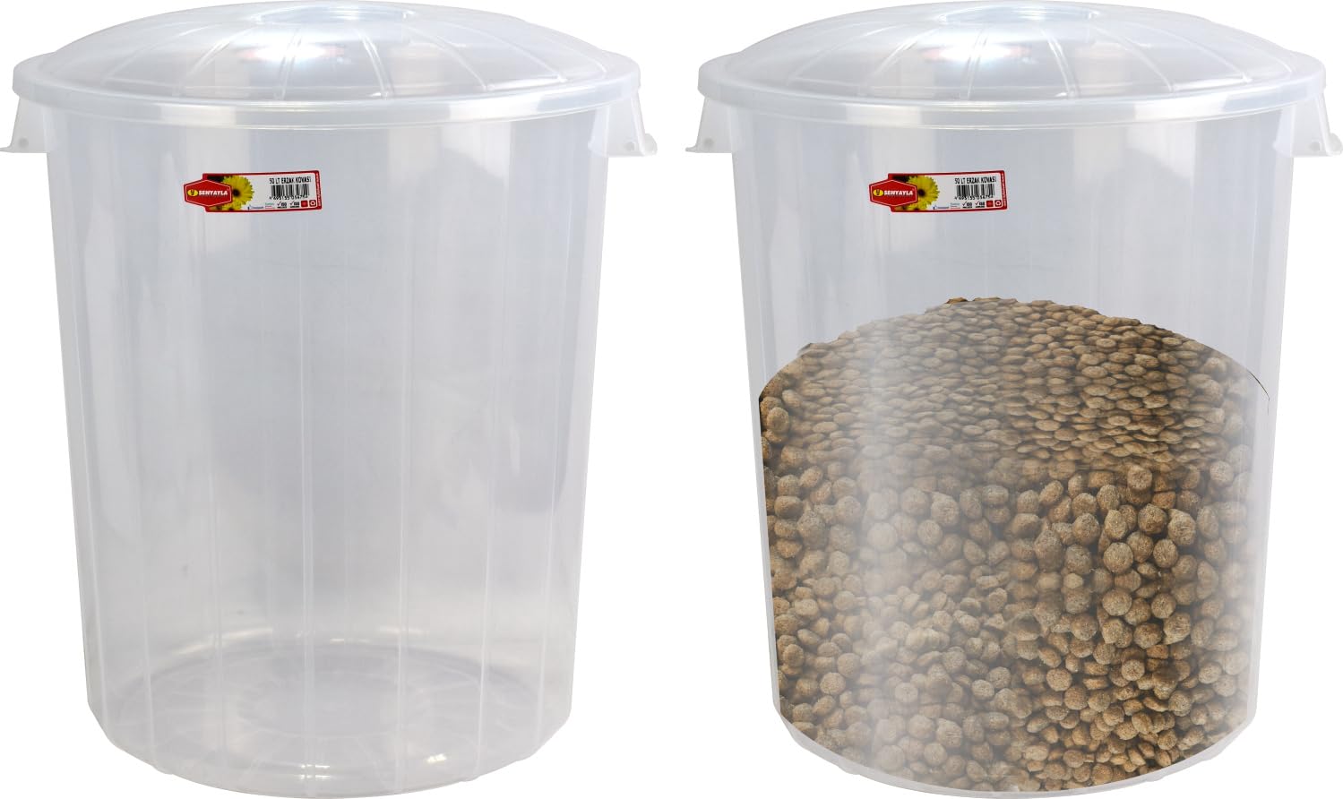 Twin Pack 50L Clear Plastic Round Food Storage Bins with Lid