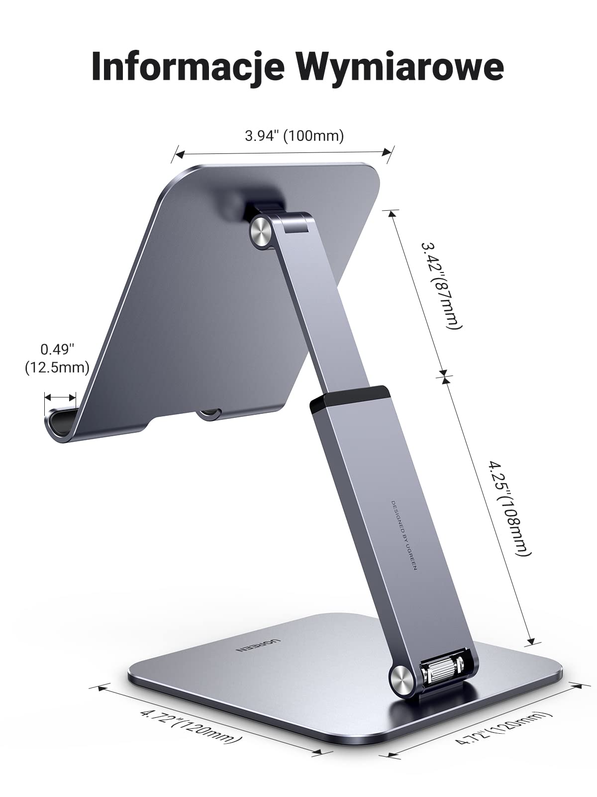 UGREEN Stojak na tablet aluminiowy z regulacją wysokości do 12,9" | Regulacja wysokości i kąta, aluminiowy, szeroka podstawa z silikonem