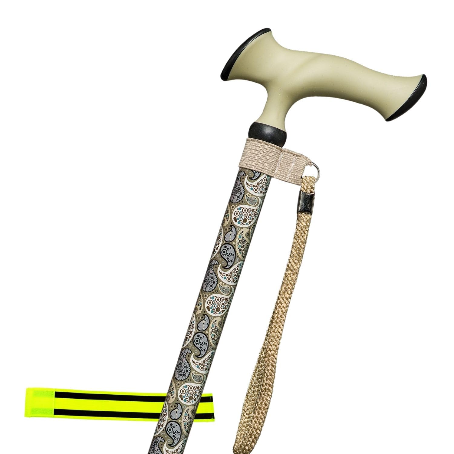 Neck-Escort Gehstock höhenverstellbar Aluminium + Olanmarp Klettarmband | Ergonomischer Griff mit Gummiüberzug, Paisley-Dekor, Handschlaufe, rutschfester Gummipuffer – stilvoll & sicher