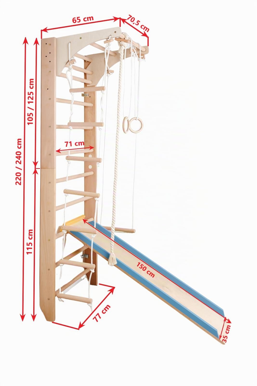 Turnwand, Sprossenwand Kombi-3-240-Farbe Kletterwand aus Holz für Kinder & Erwachsene – Indoor Fitness Klettergerüst mit Klimmzugstange & Zubehör