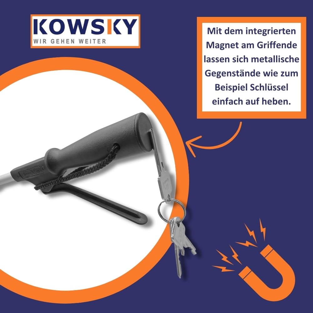 Kowsky Greifhilfe - Greifzange für Senioren - 100 CM - aus Aluminium - Greifer mit Magnet - Anti-Rutsch Greifarm - Handgreifer mit Handschlaufe - robust & stabil - schwarz