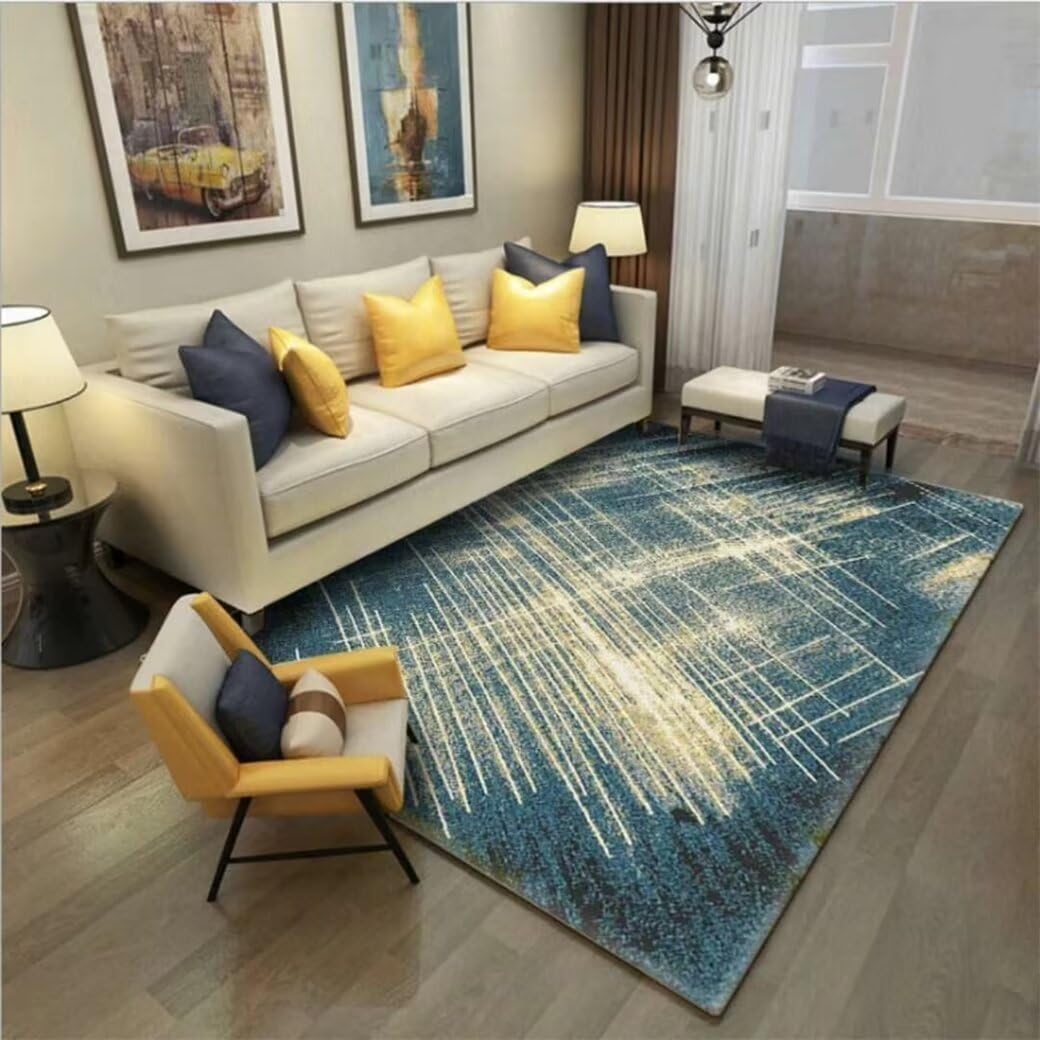 Tapis chambre garçon bleu 70x140cm tapis salon rectangulaire design abstrait