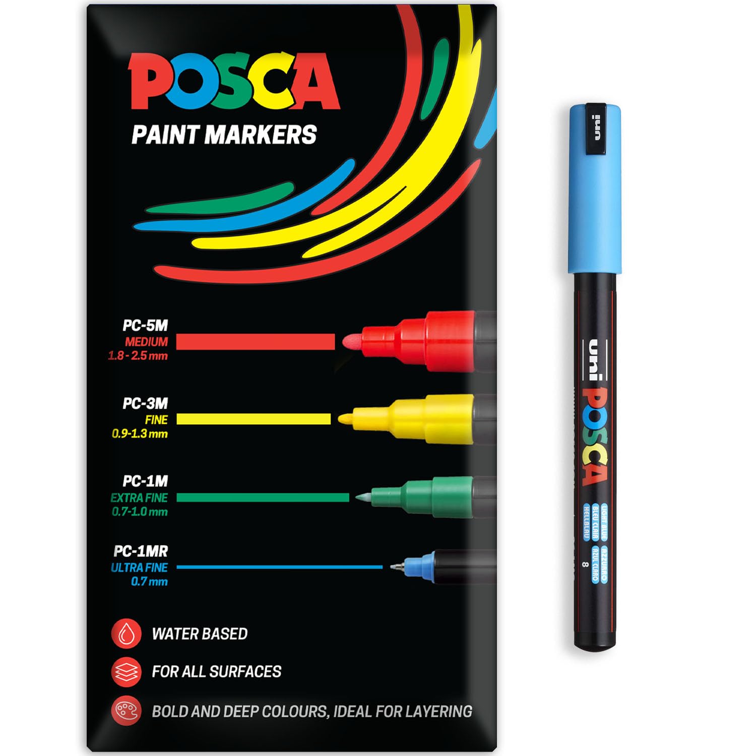 Posca Water Based Acrylic Paint Marker Pens | Multi Surface Use Permanent Paint Pen | Pack of 1 in Envelope Gift Packaging | Glass, Fabric, Canvas, Wood etc | PC-1MR, Light Blue