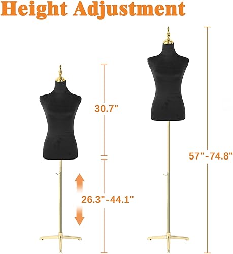 Miniatura 6 de Soporte de trípode dorado para maniquí femenino, maniquí de altura ajustable para cuerda, maniquí de forma de vestido (negro, terciopelo)