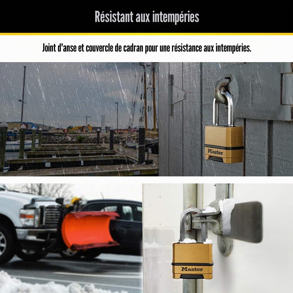 Master Lock, M175LFEC2 Lot de 2 cadenas robustes et résistants aux intempéries, serrure à combinaison réinitialisable pour extérieur, doré, 3 x 5,1 x 9,8 cm