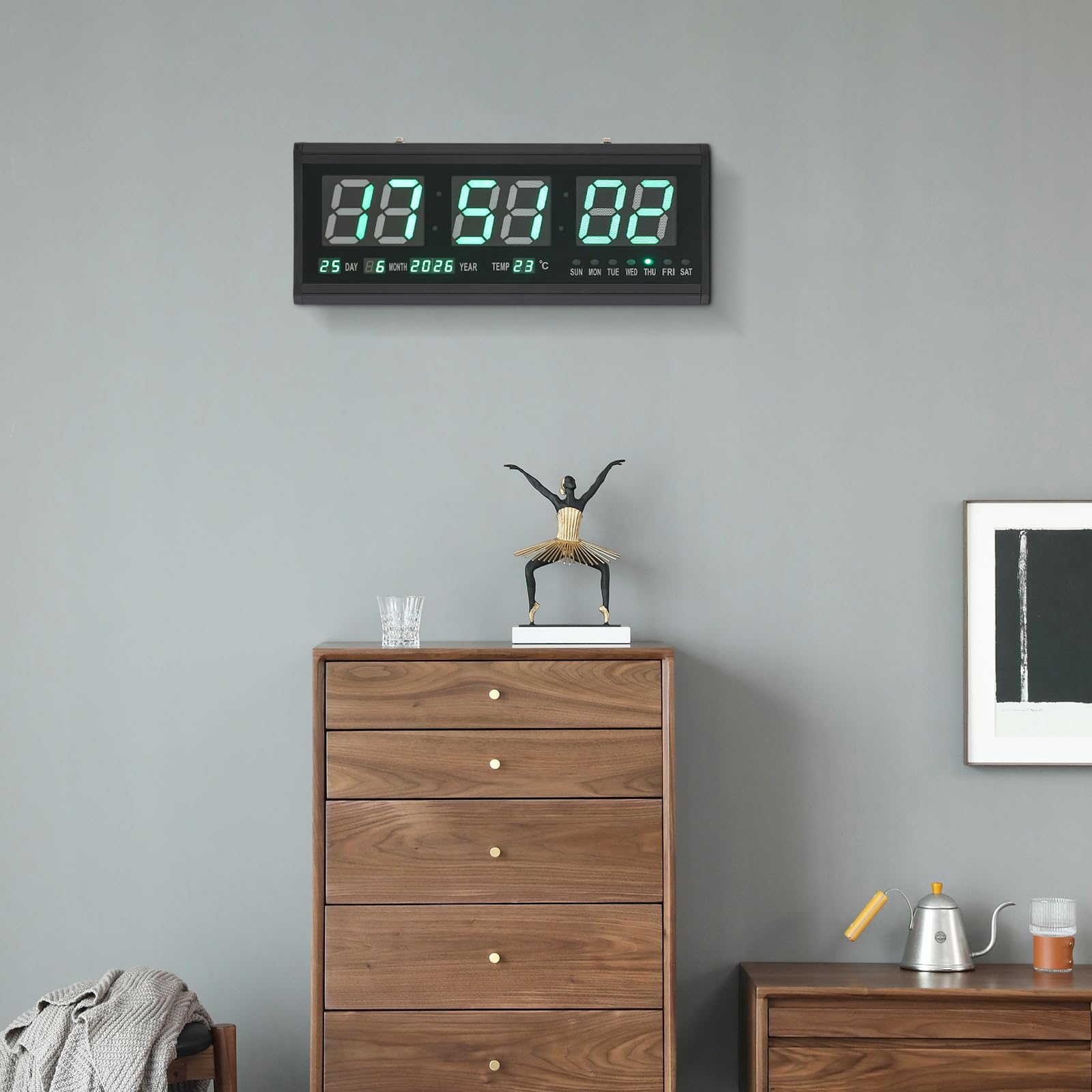 Orologio da parete digitale, funzionamento silenzioso, a LED, digitale, orologio da parete digitale, con visualizzazione della temperatura, visualizzazione della data (verde)