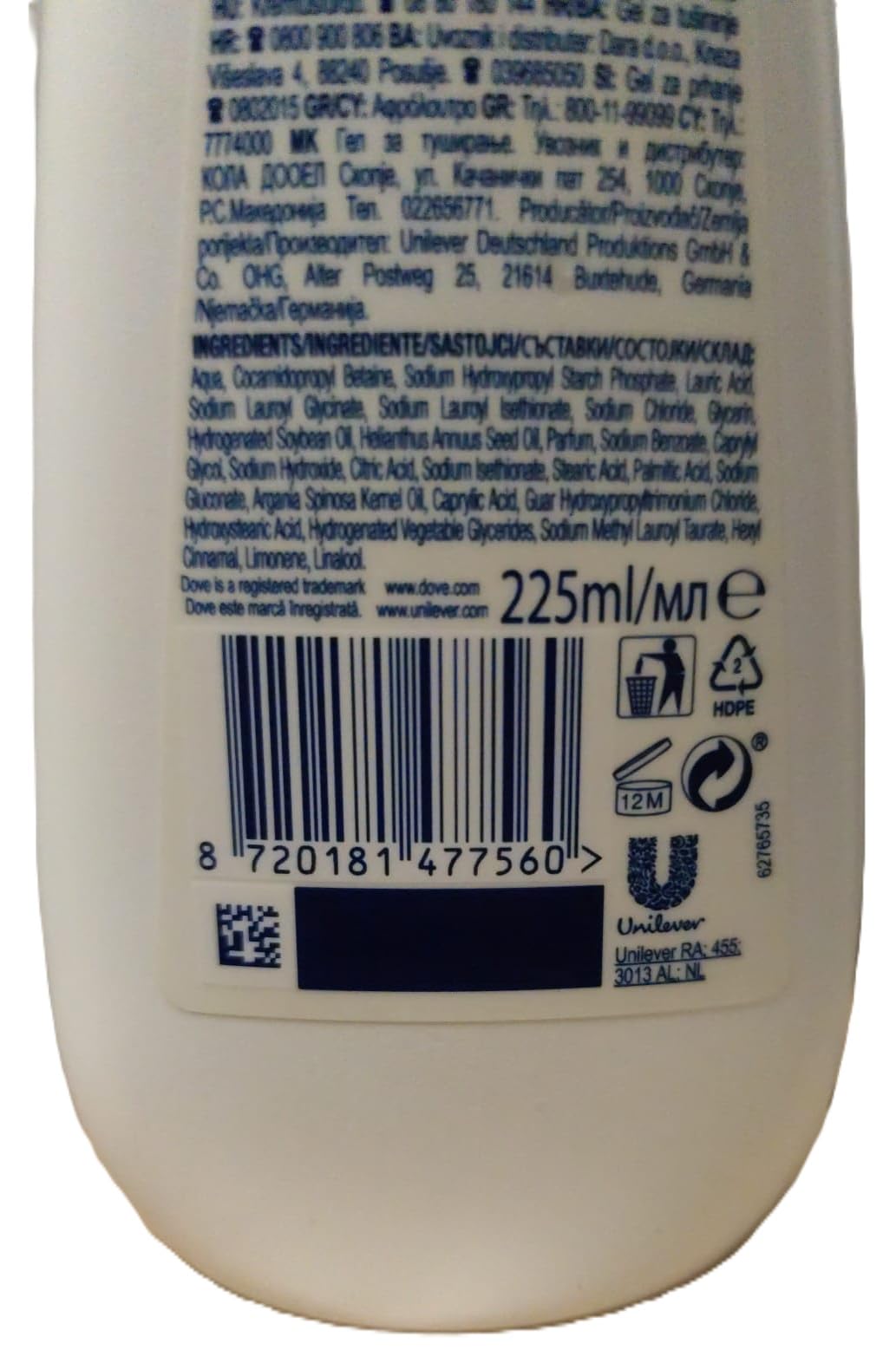 Dove Advanced Care - Gel de ducha con aceite de argán (12 unidades, 225 ml)