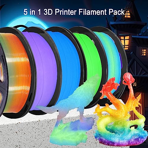 Image of 1.75mm PLA 3D Printer Filament Bundle: Glow in Dark Green /Blue /Purple /Rainbow, One Spool Clear Multi Colored, Each Spool 250g, Total 1.25Kg 3D Printing Material, 250g x 5 Spools Glow in Dark PLA