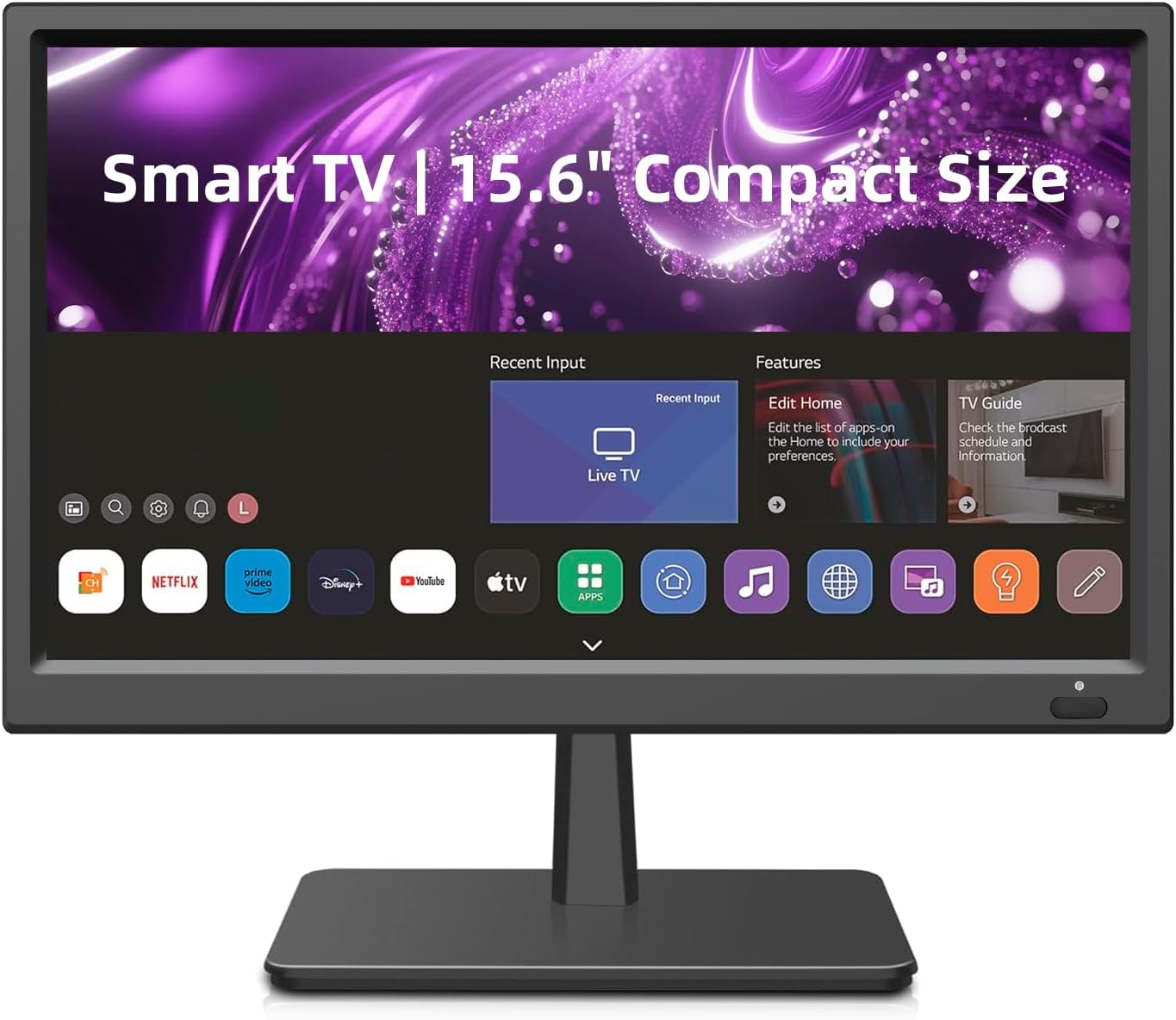 Pequeño Smart TV HD 1080P 15,6 pulgadas, Smart TV con sintonizador T2/HDMI/USB/AV para cocina, autocaravana/caravana