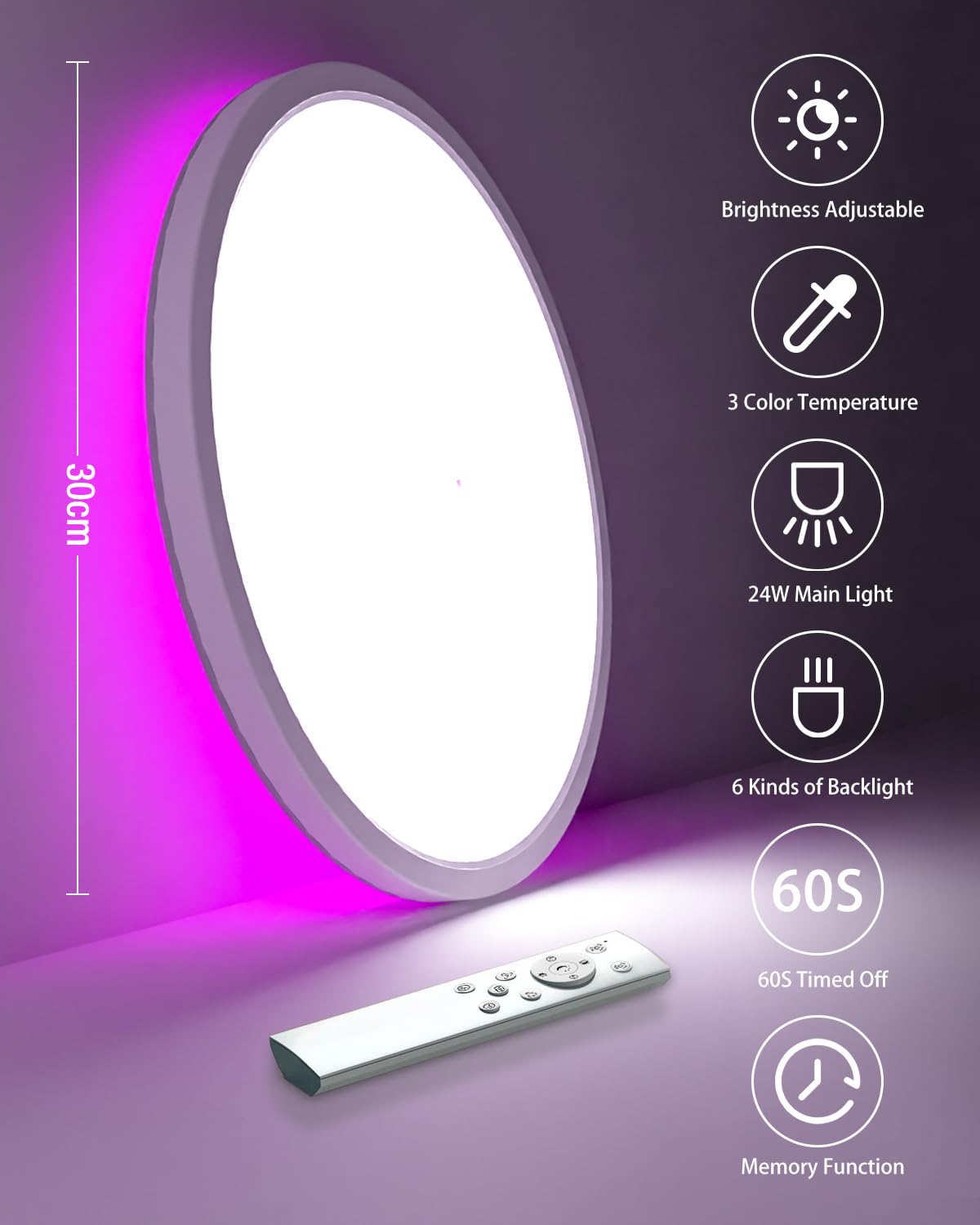 zemty LED Deckenleuchte Dimmbar 30CM, 24W 3200LM RGB Deckenlampe Farbwechsel, 3000K-6500K Badezimmer Lampe IP54 Wasserfest, Flach Badlampe Decke für Bad Kinderzimmer Schlafzimmer Wohnzimmer