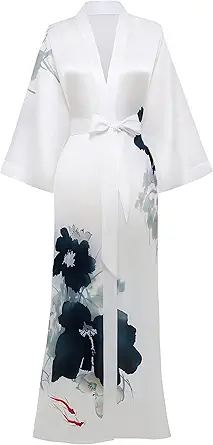 PRODESIGN Long Kimono Robe Satin Sleepwear Phoenix Handprinted Silky Kimono Nightgown Bathrobe Kimono Blouse Cardigan