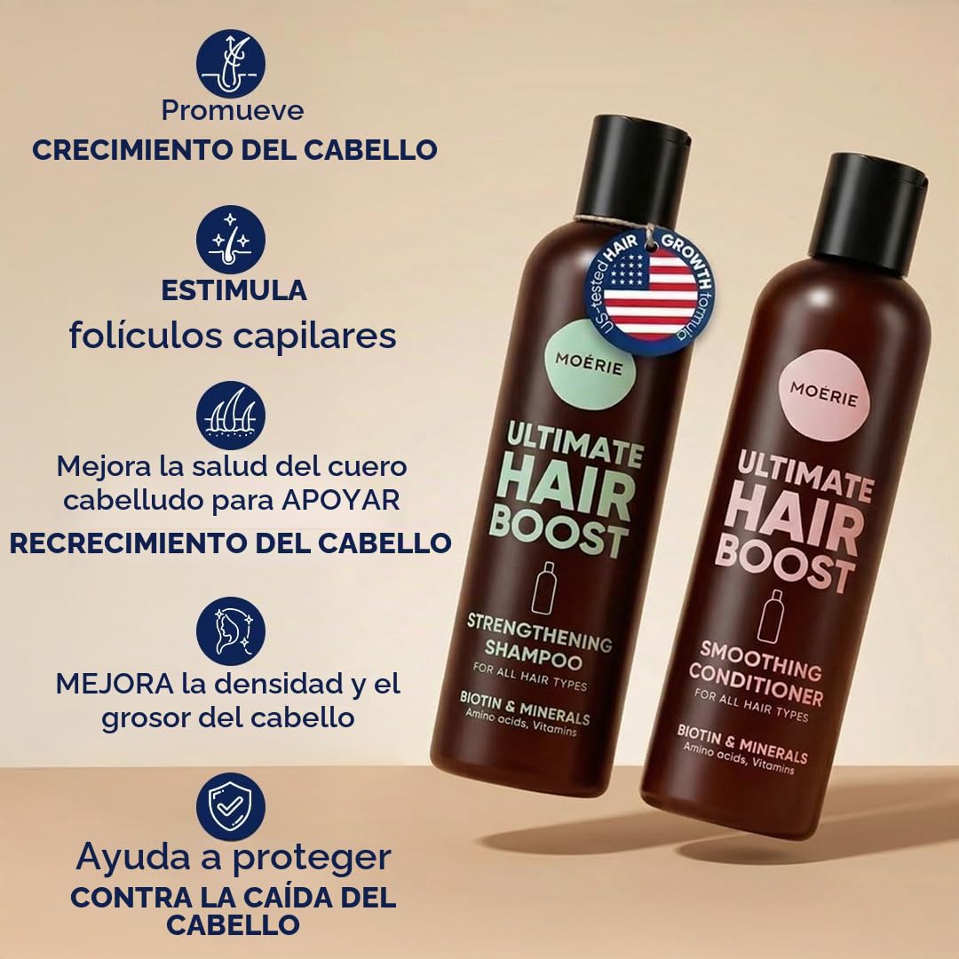Moerie champu Anticaída mujer y hombre – Champu y acondicionador voluminizador con ingredientes de origen natural - Con más de 100 activos para un cabello grueso, largo y saludable. 2 X 8.45 Fl Oz