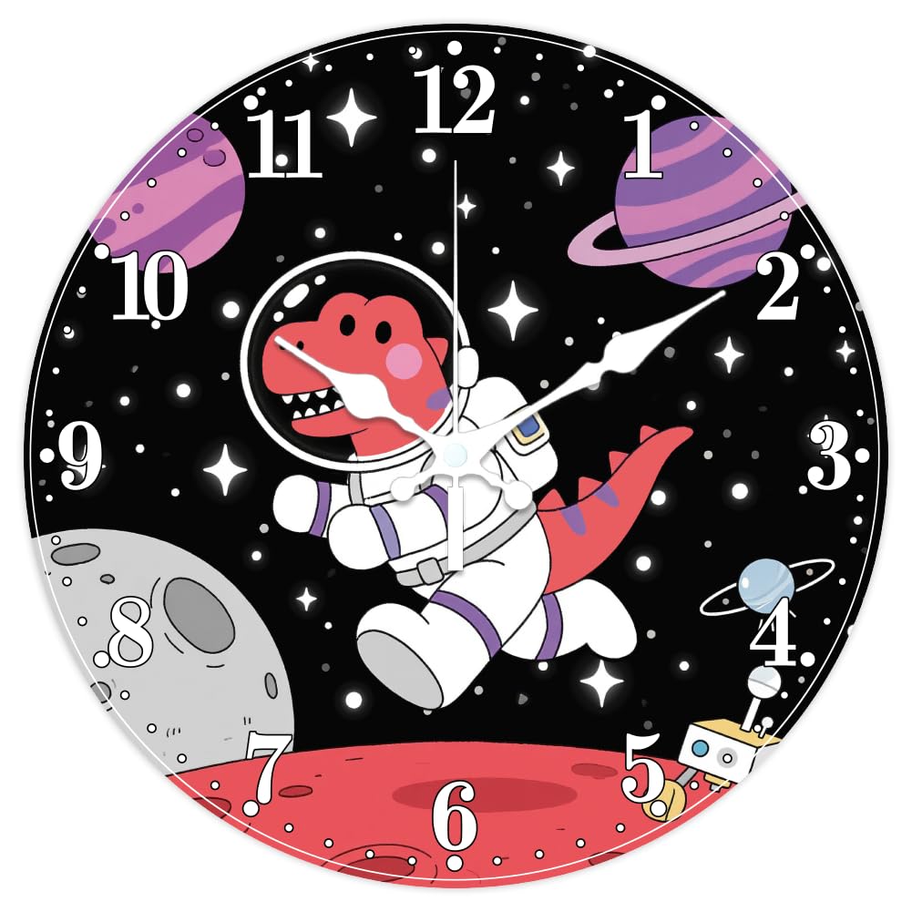 CHGCRAFT Dinosaur Astronaut Pattern Wall Clock Planet Non-Ticking Clock 12 Inch Round Decorative Clocks Printed Wall Clocks for Home Office Decoration