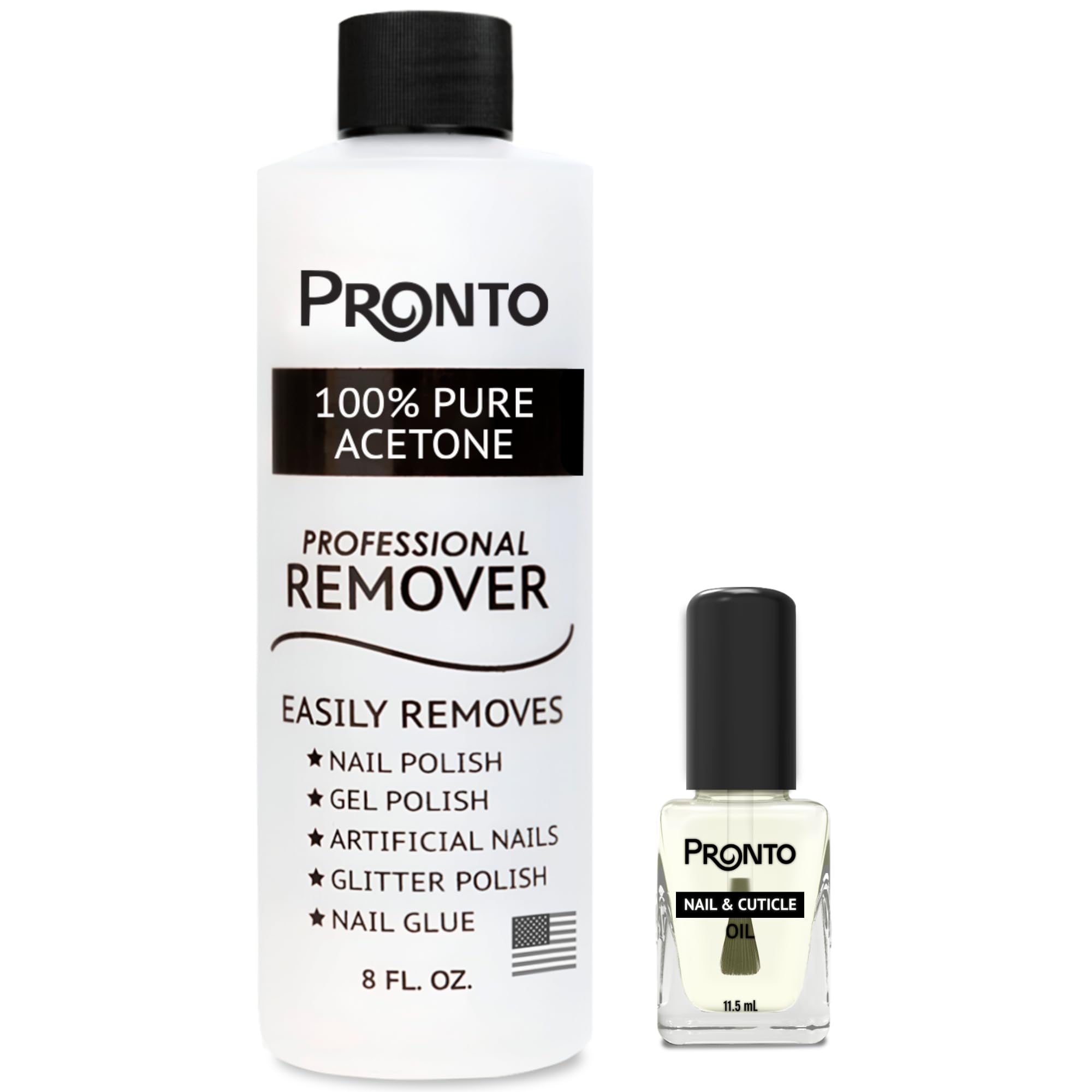 Pronto 8 Oz 100% Pure Acetone Nail Polish Remover and Cuticle Oil, Pure Acetone for All Nail Polish Types including Gel, Acrylic & Sculptured Nails, Gel Nail Polish Remover and Nail Repair, Duo Pack