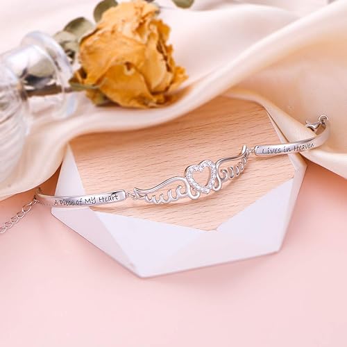 Miniatura 3 de FLYOW Pulsera de plata de ley S925 con alas de ángel en memoria de mamá, papá, abuela, abuelo, hija, hijo, pérdida, regalo conmemorativo