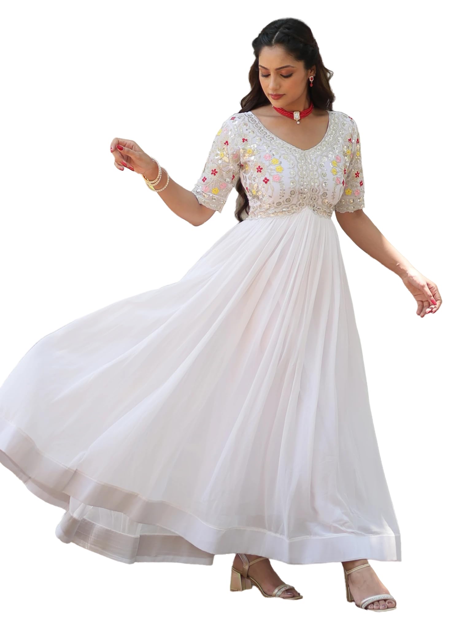 Fashion Basket Women's Georgette Anarkali Gown White