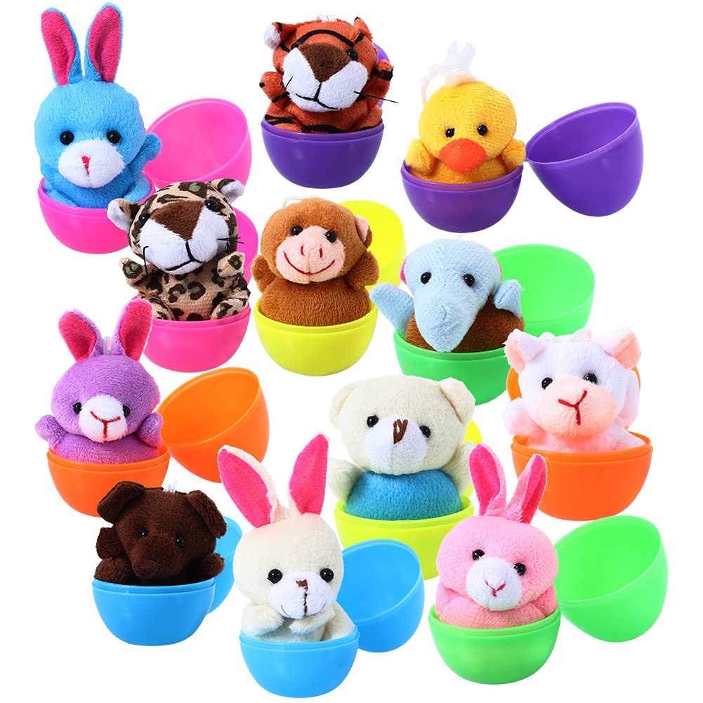 ThinkMax 12 Pcs Mini Plush Animals Toy Filled Easter Eggs, Small Stuffed Animals in Bulk for Kids Party Favors