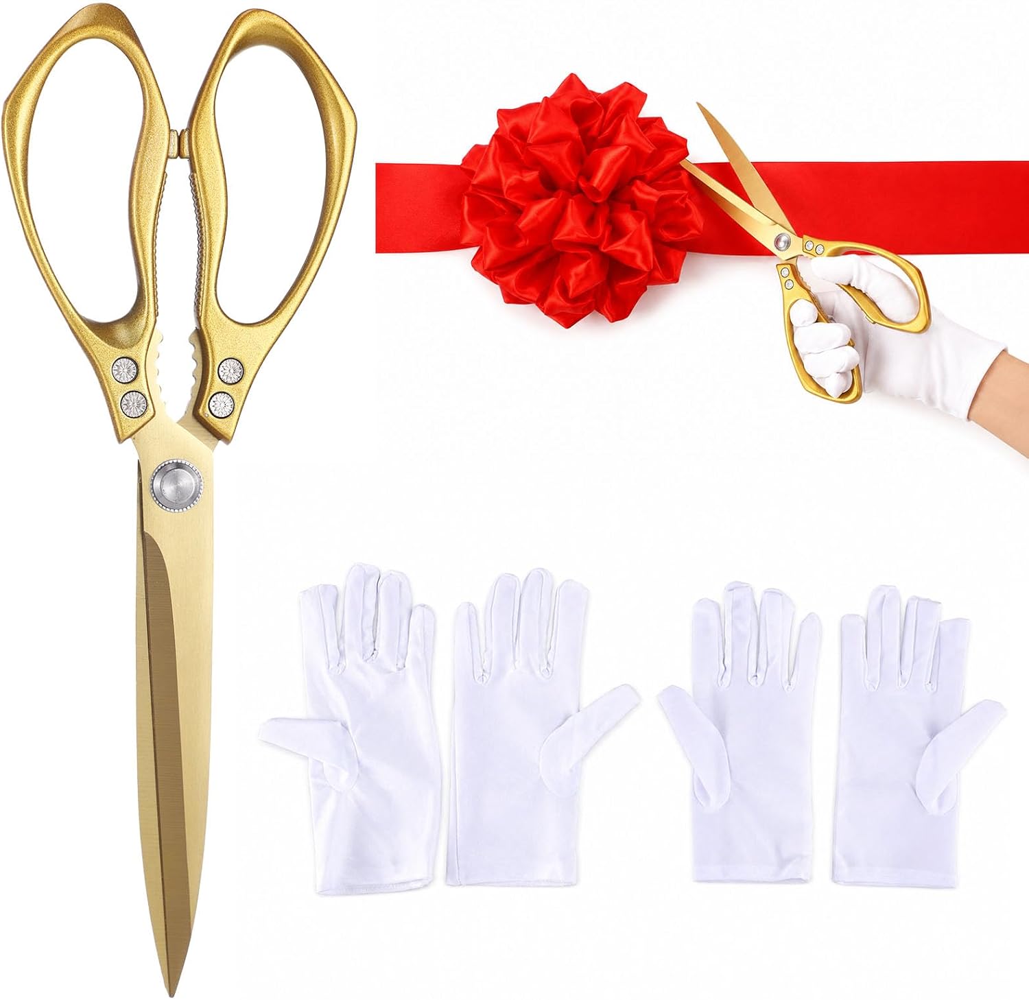Grand Opening Ribbon Cutting Ceremony Kit, Large Scissors, 157 in Ribbon|Stainless Steel, 12 in Red Flower Ball, White Gloves, for Grand Openings and Business Events