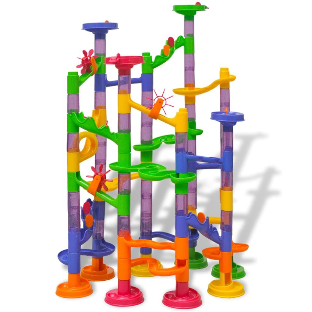 Murmelbahn Kugelbahn Kinderspielzeug aus Kunststoff, 112 Teile Bausatz mit Stecksysteem, Schiene, Rampe, Kurve, Trichter, Turm, Brücke, für Kinder ab 3 Jahren, 42 x 30 x 61 cm