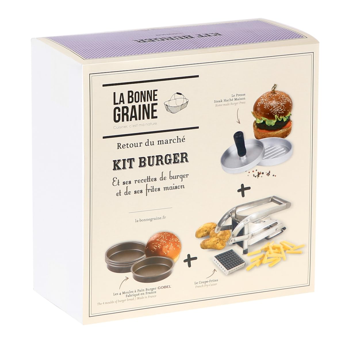 LA BONNE GRAINE - 1 Coupe-frites - 1 presse steak haché - 4 moules à pain burger GOBEL - 29 x 14 x 29 cm - Fabriqué en France