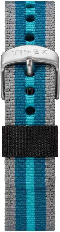 Close-up of the Timex Expedition watch's gray and blue striped fabric strap with a silver buckle.