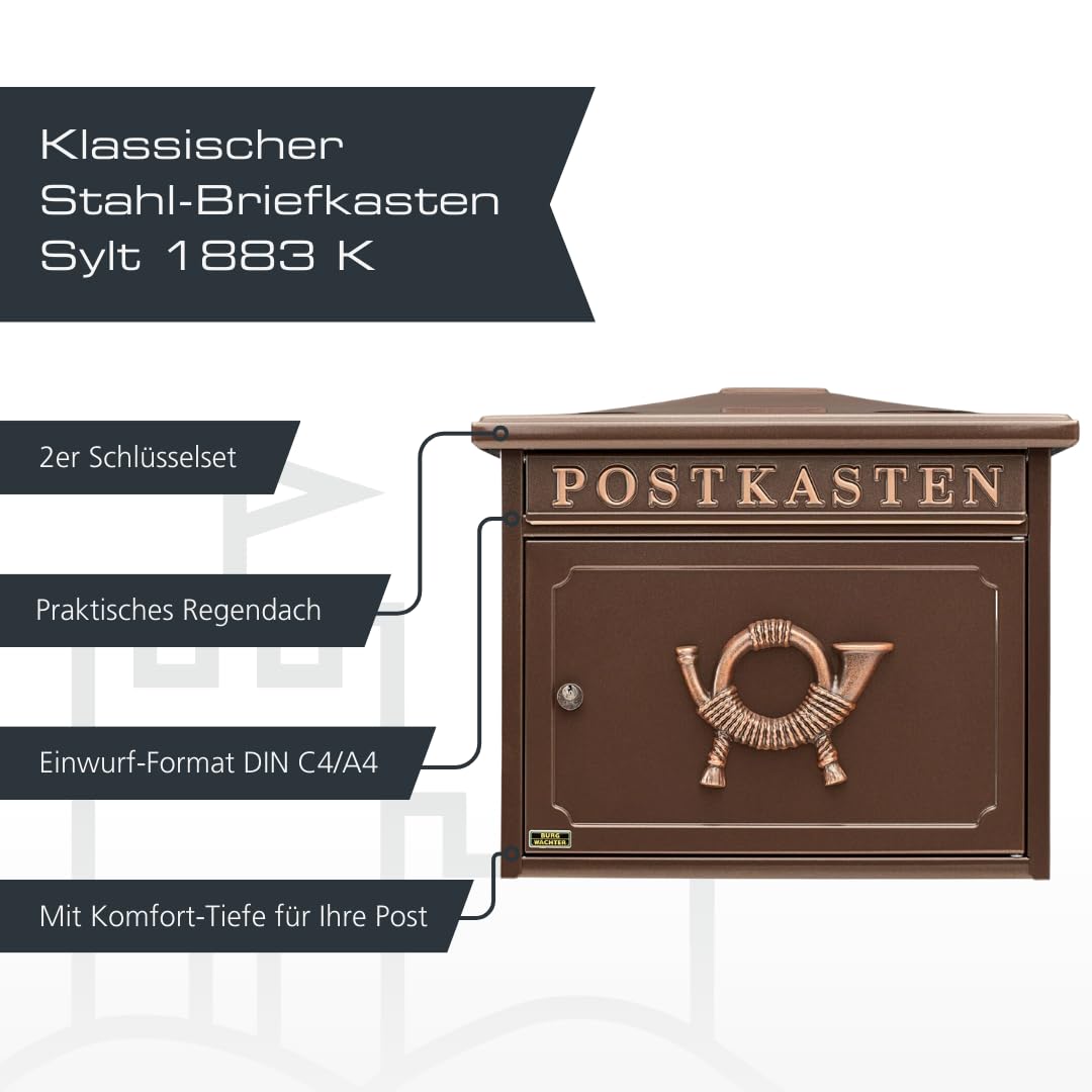 BURG-WÄCHTER Klassischer Briefkasten ohne Zeitungsfach und Namensschild, Verzinkter Stahl, Einwurf-Format DIN C4, 2 Schlüssel, Sylt 1883 K, Kupfermetallic