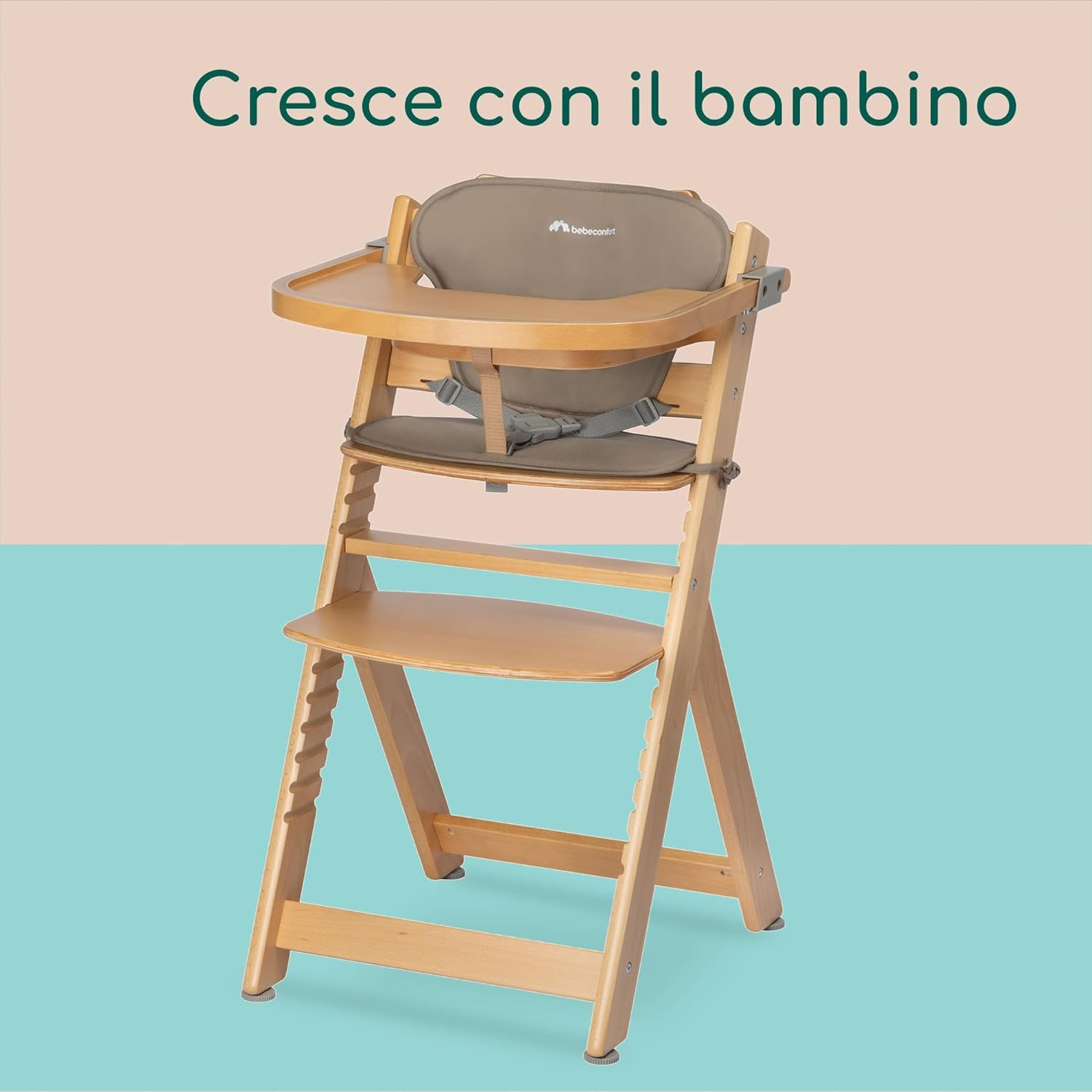 Bebeconfort Timba + Cuscino, Seggiolone Pappa in Legno, 6 mesi-99 anni, 110 kg, con Vassoio, Seduta/Poggiapiedi Regolabili, Compatibile con Sdraietta Timba Baby, Legno Naturale + Beige