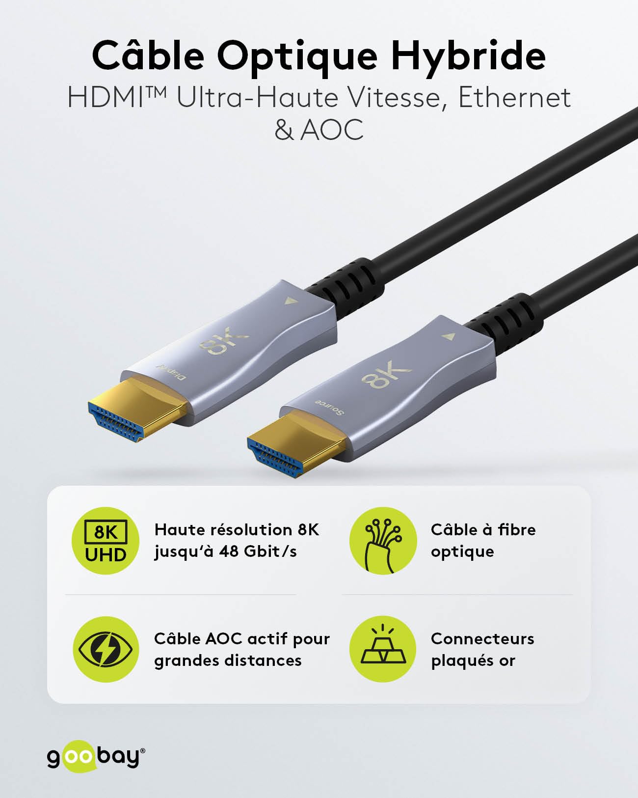 goobay 65558 Câble optique hybride ultra haute vitesse HDMI haute vitesse avec capacité 8K @ 60 Hz et 4K @ 120 Hz / 48 Gbps, ARC (canal de retour audio), HDCP / 10 mètres
